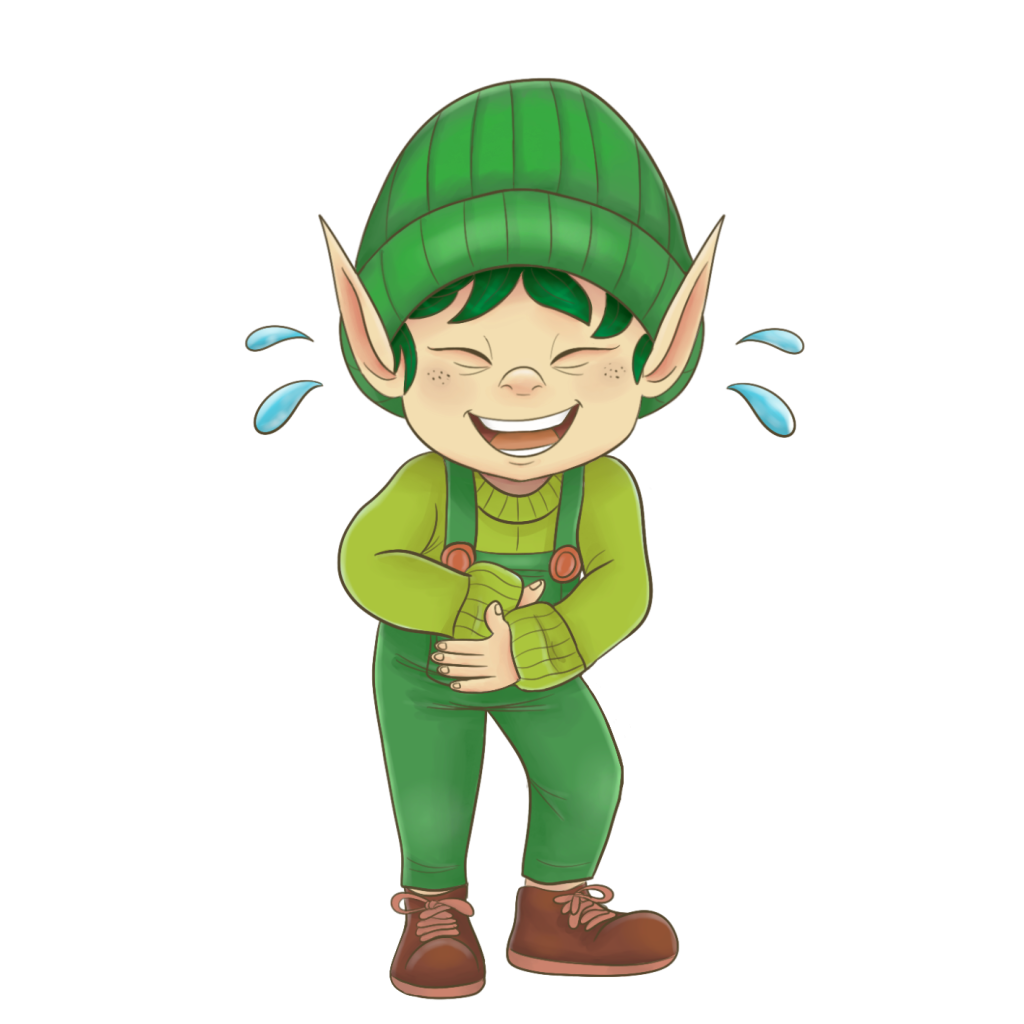 Un lutin qui se tient le ventre en riant